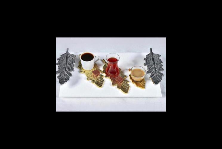 Metal Feather Plate with Glass Coffee Cup (Set of 12 Pieces) - Feather Collection