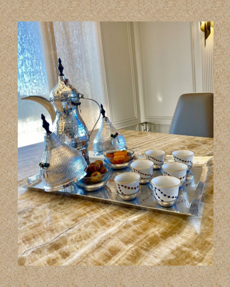 Coffee Set (Tray, Coffee Pot with Warmer, Coffee Cup, Glass Bowl) - Oriental Beads Collection