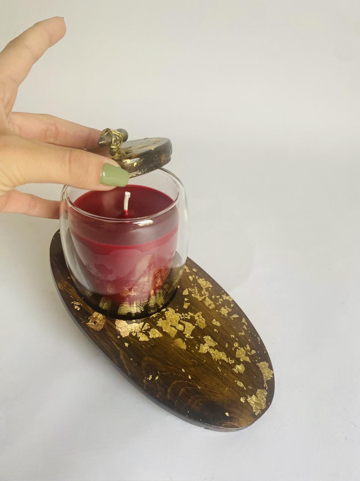 Scented Candle Holder with Wooden Cover and Plate - Amber Gold Collection
