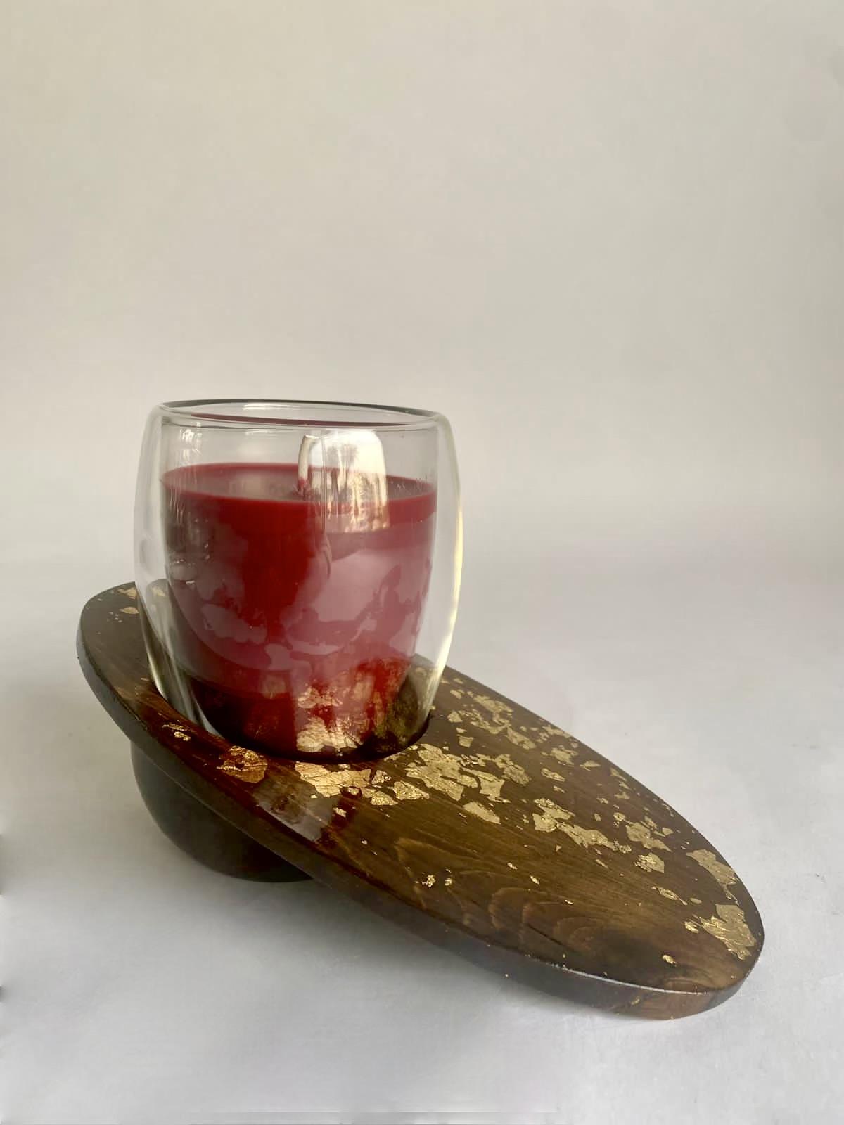 Scented Candle Holder with Wooden Cover and Plate - Amber Gold Collection