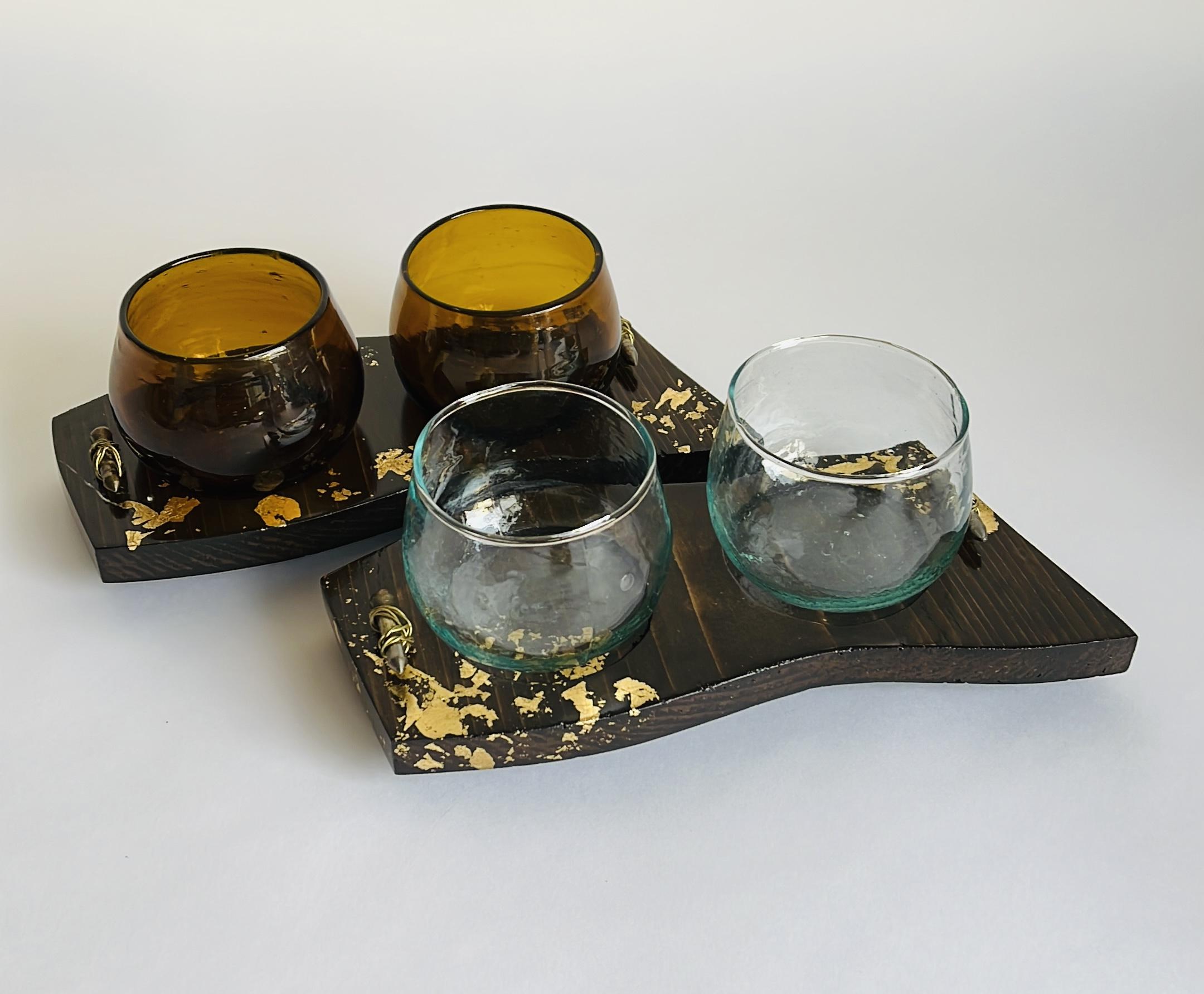 Wooden Plate with Glass Bowls - Amber Gold Collection