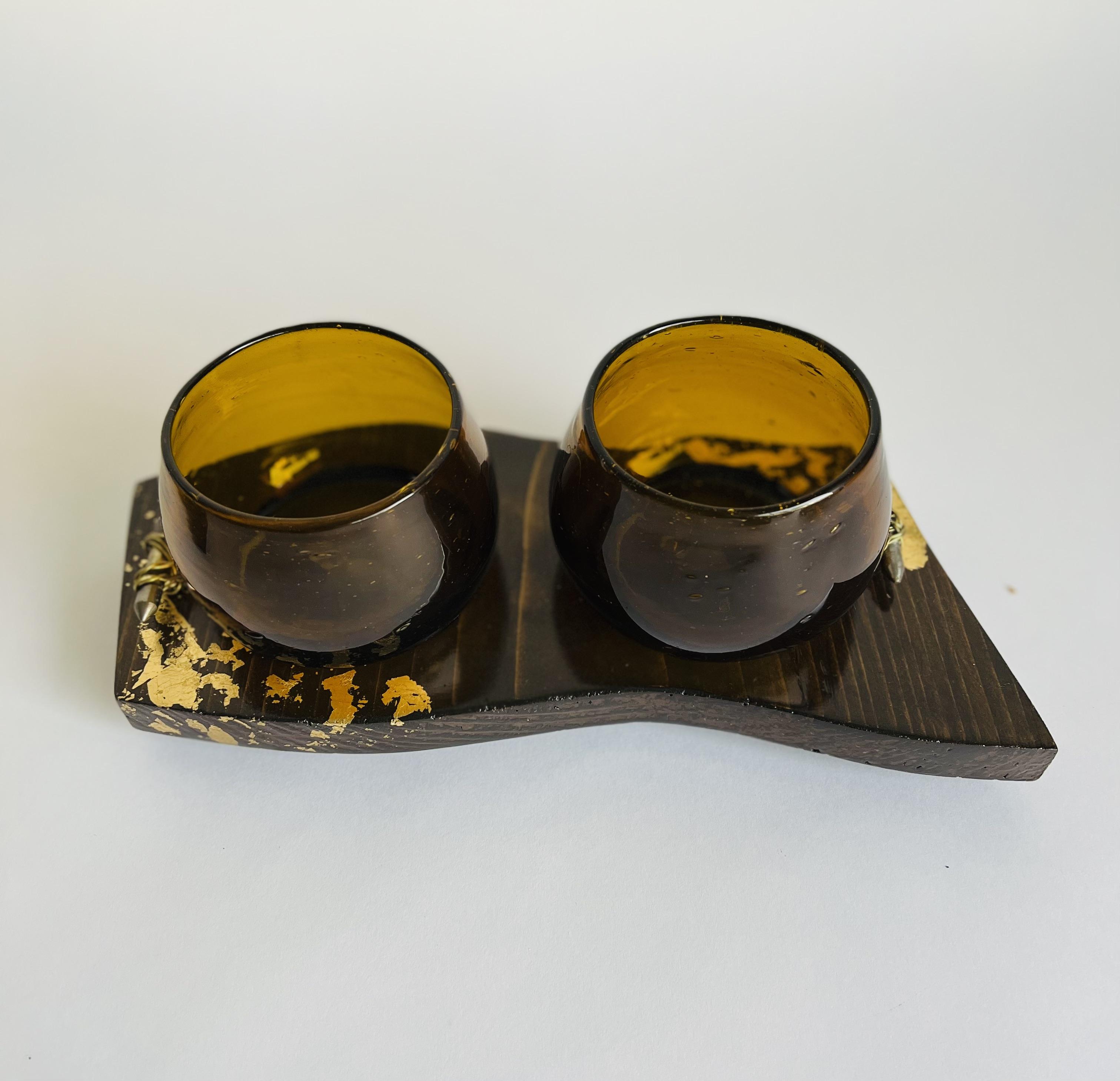 Wooden Plate with Glass Bowls - Amber Gold Collection