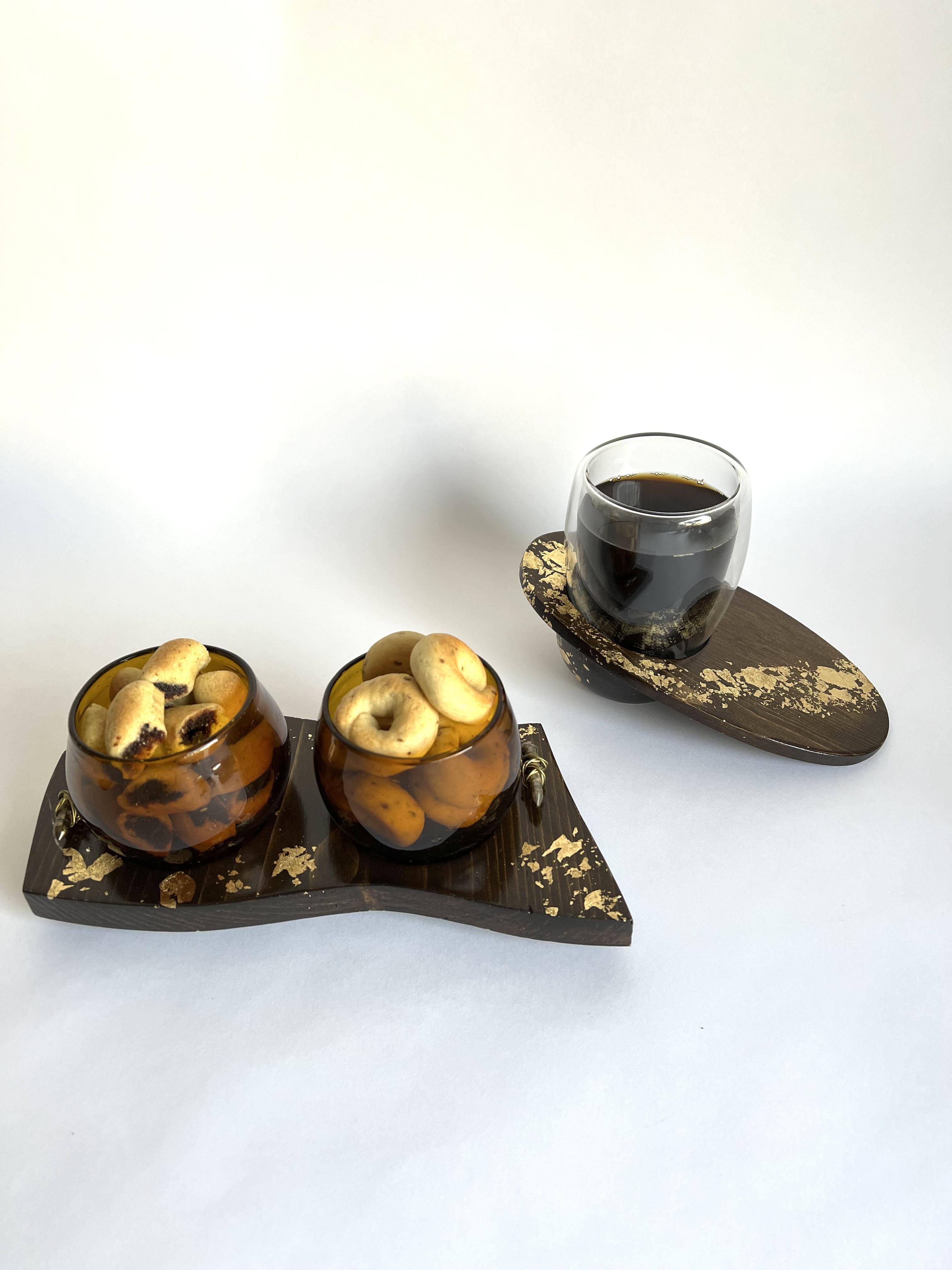Wooden Plate with Glass Bowls - Amber Gold Collection
