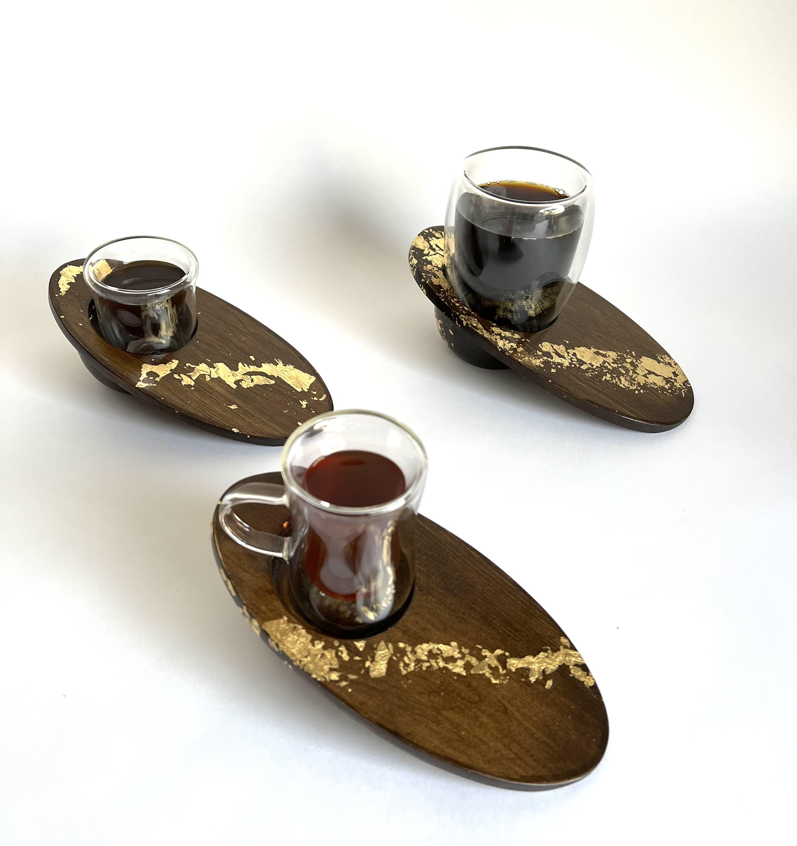Wooden Plate with Double Wall Glass Mug - Amber Gold Collection