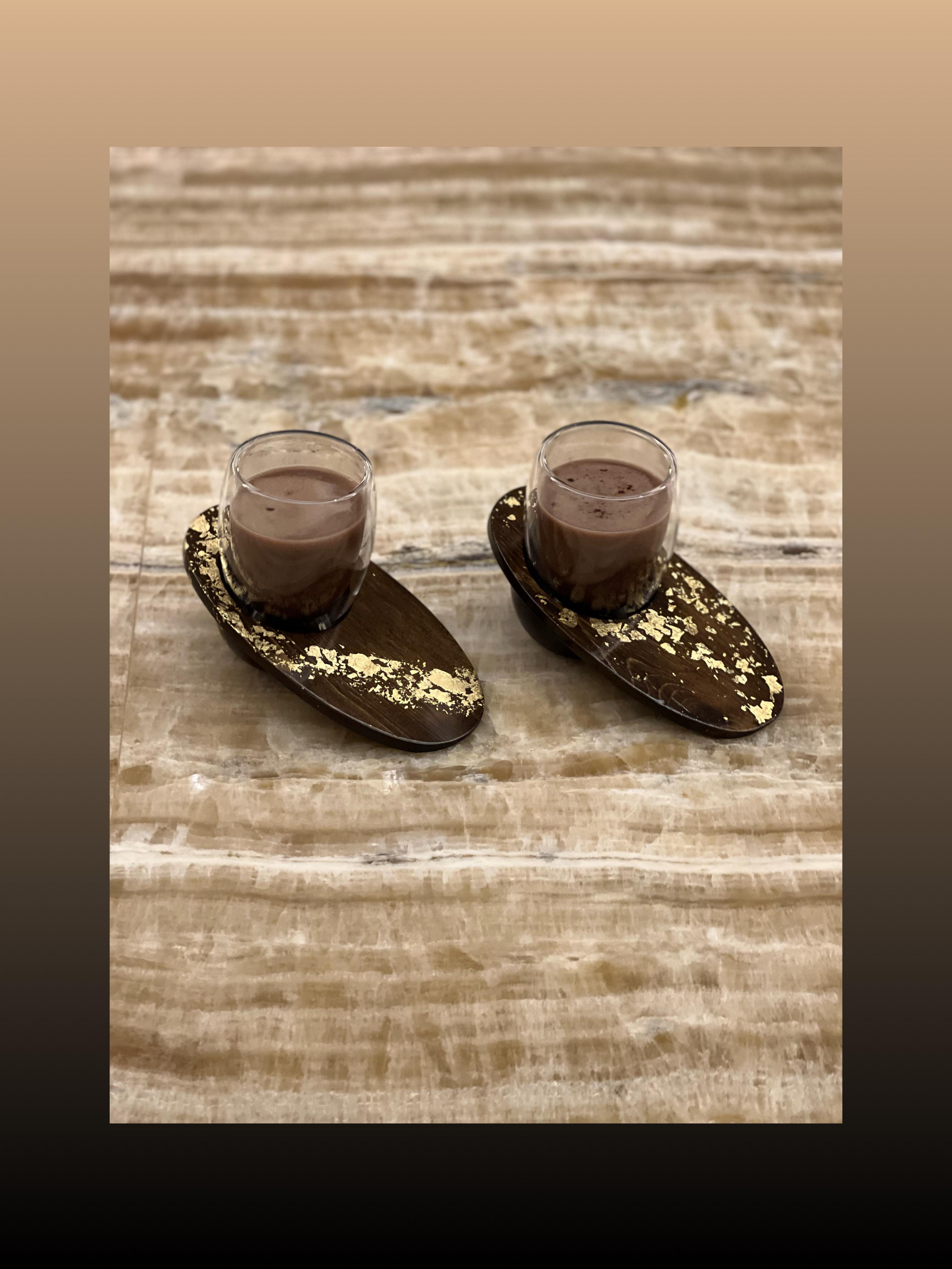 Wooden Plate with Double Wall Glass Mug - Amber Gold Collection
