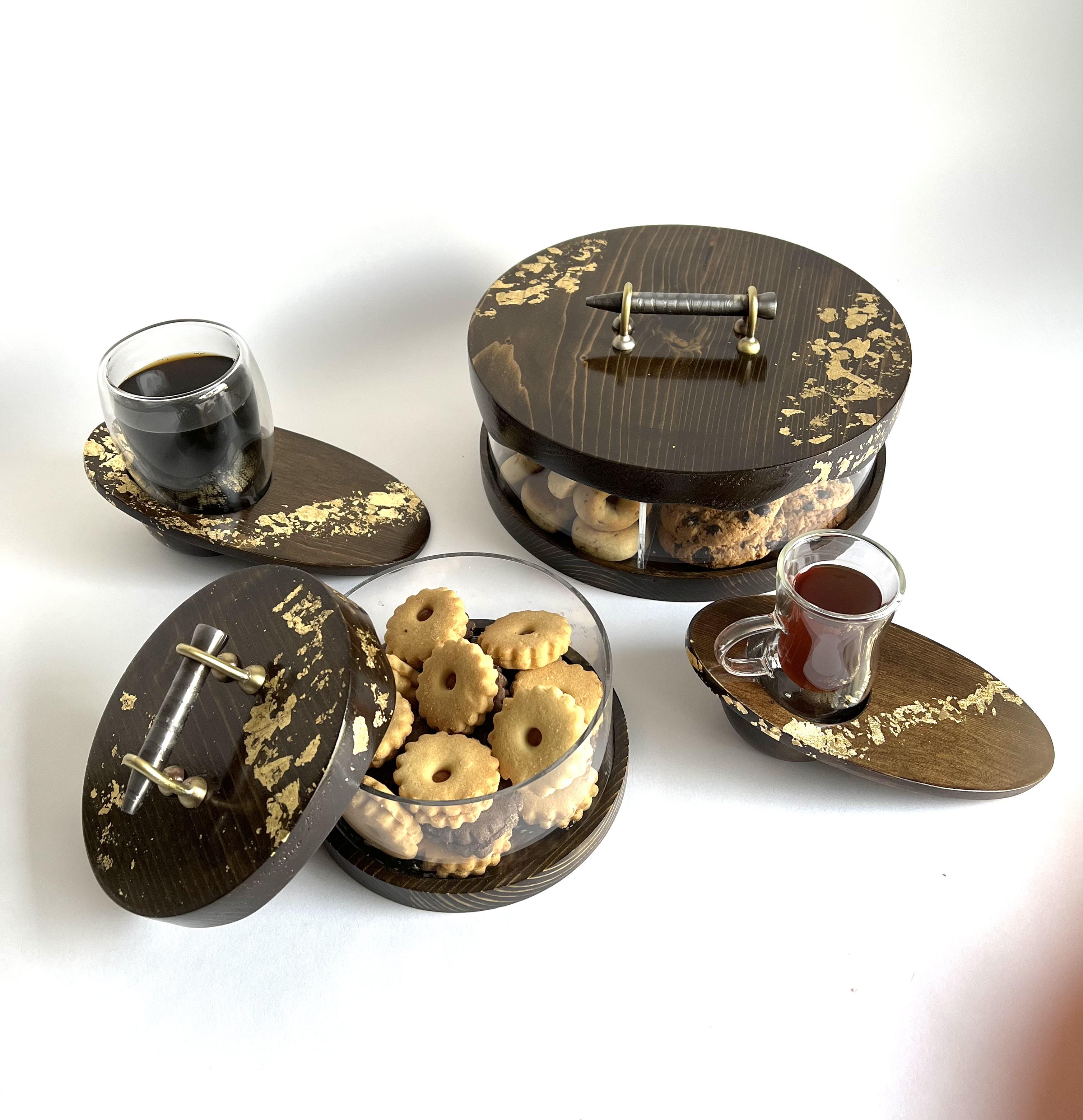 Wooden Plate with Double Wall Tea Glass Cup - Amber Gold Collection