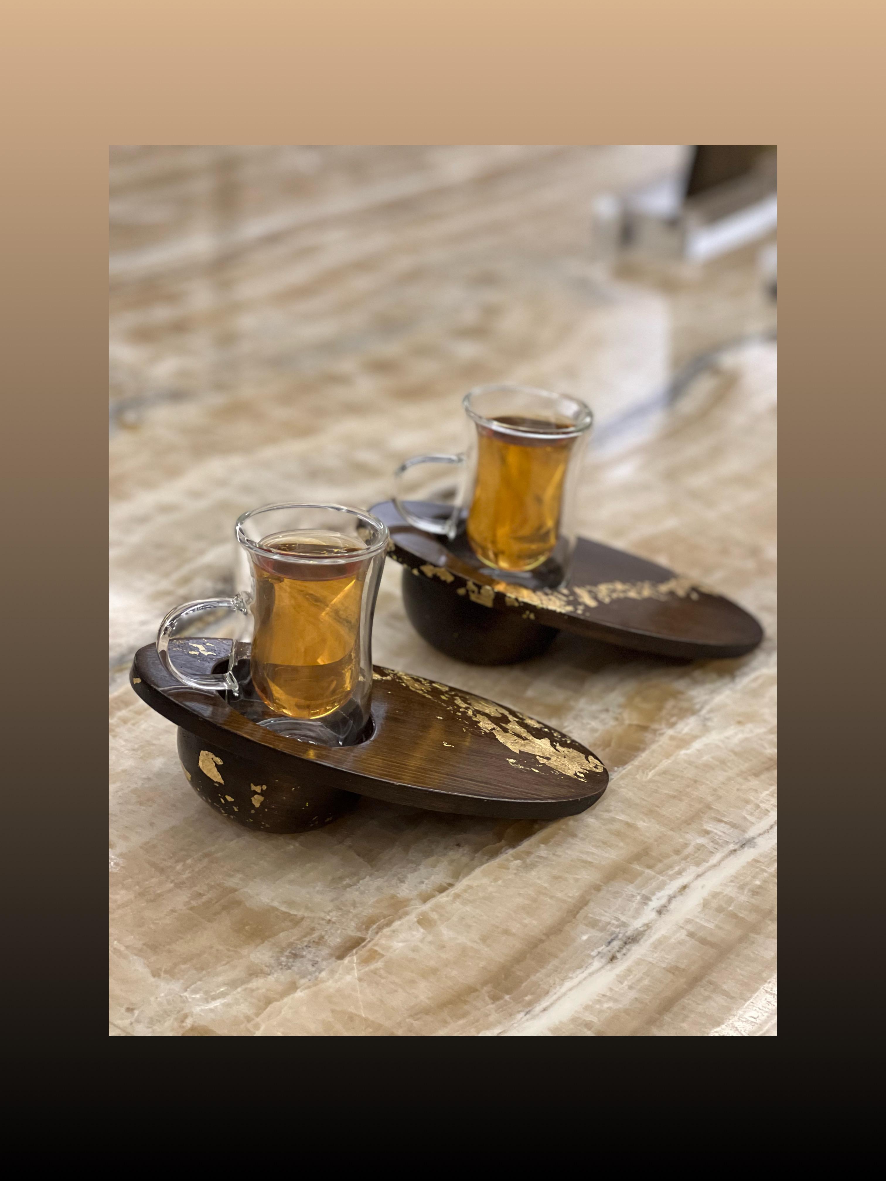 Wooden Plate with Double Wall Tea Glass Cup - Amber Gold Collection