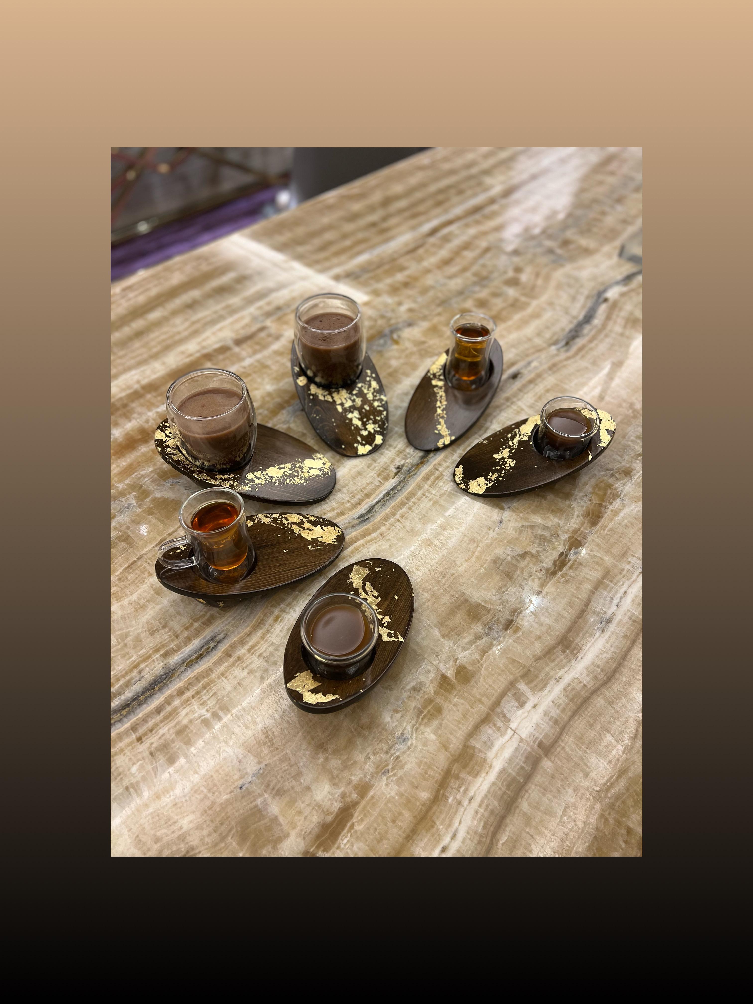 Wooden Plate with Double Wall Tea Glass Cup - Amber Gold Collection