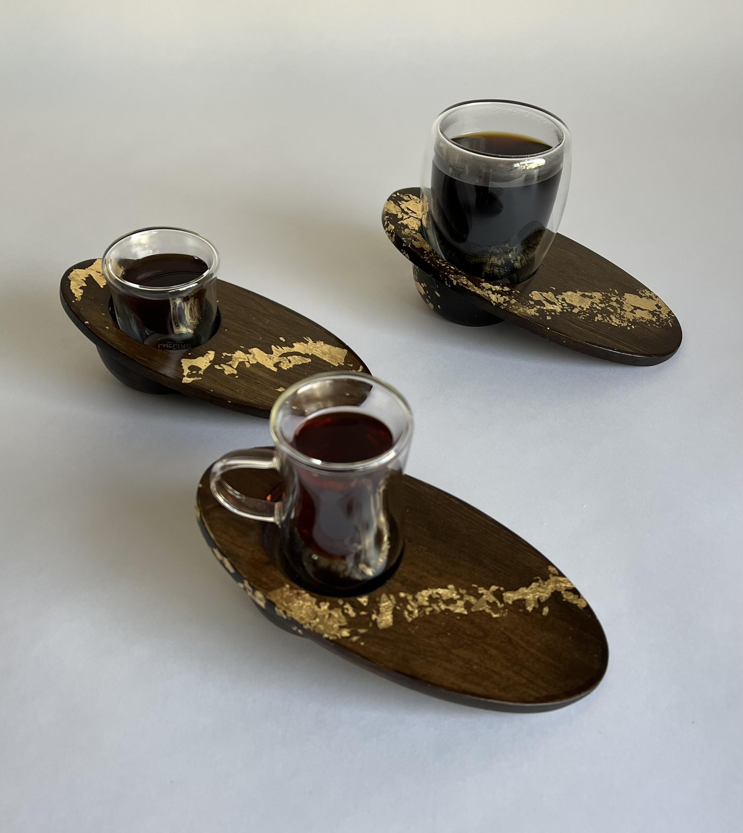 Wooden Plate with Double Wall Coffee Glass Cup - Amber Gold Collection