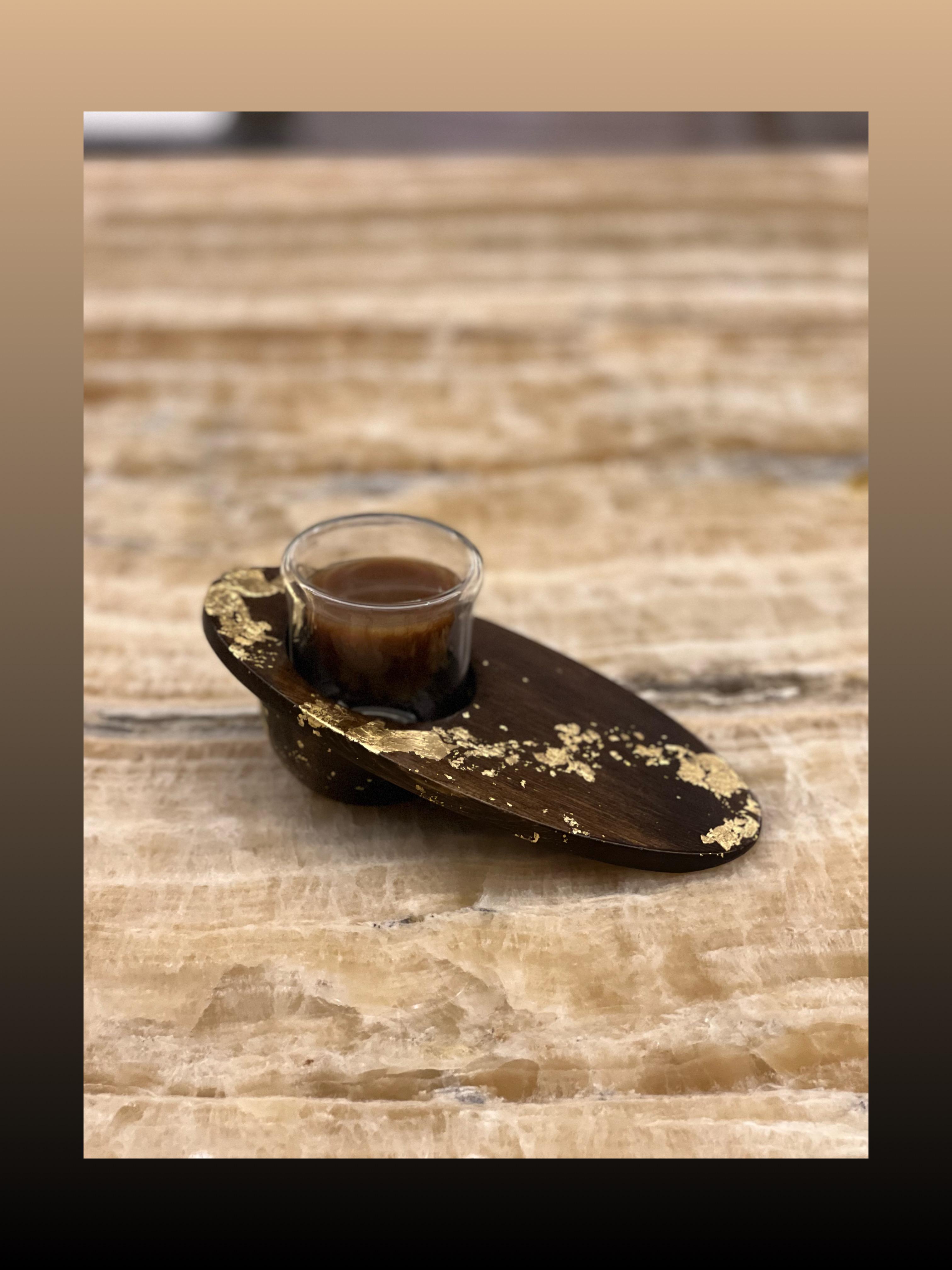 Wooden Plate with Double Wall Coffee Glass Cup - Amber Gold Collection
