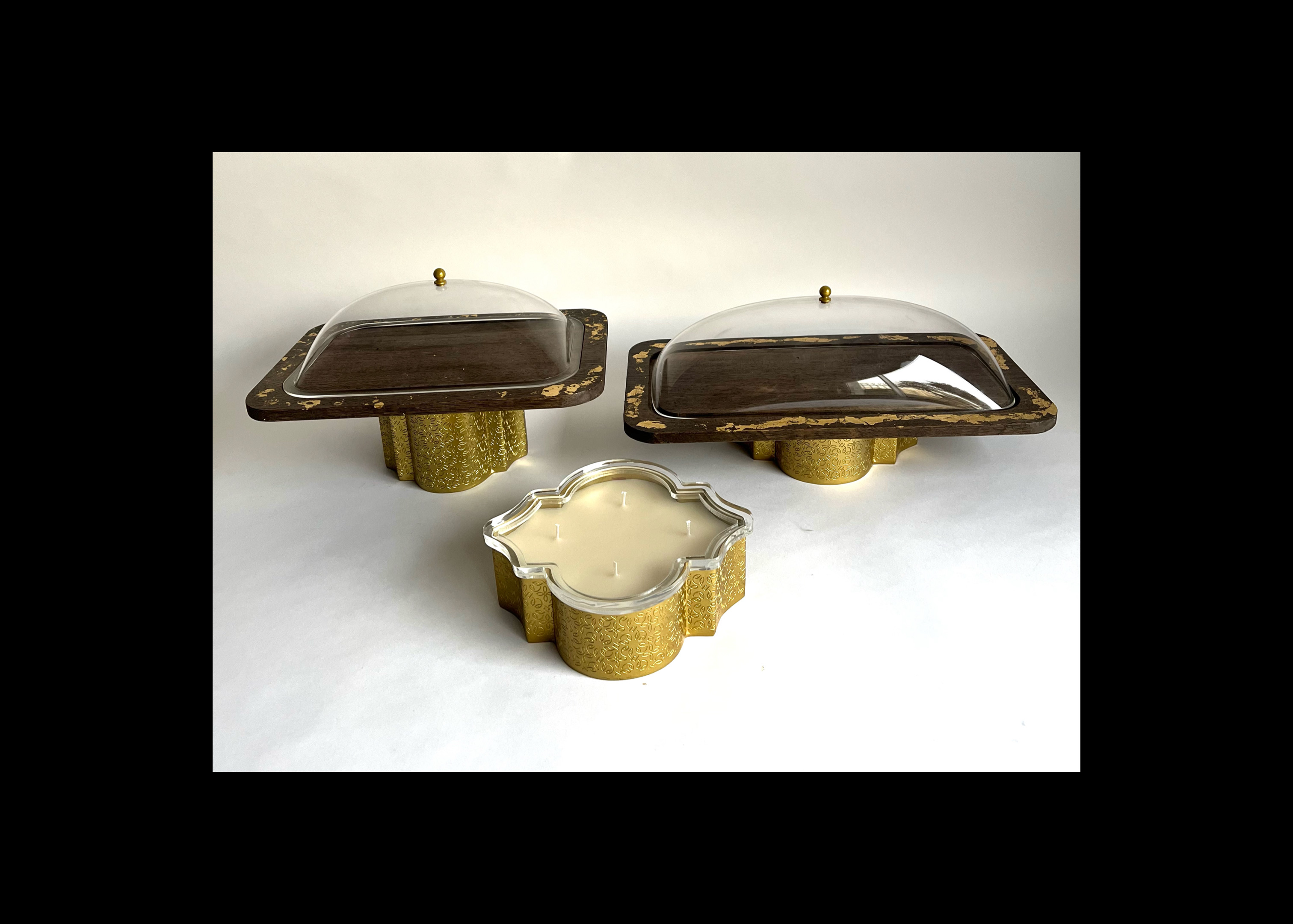Wooden Platter with Acrylic Cover and Metal Base Box - Amber Gold Collection