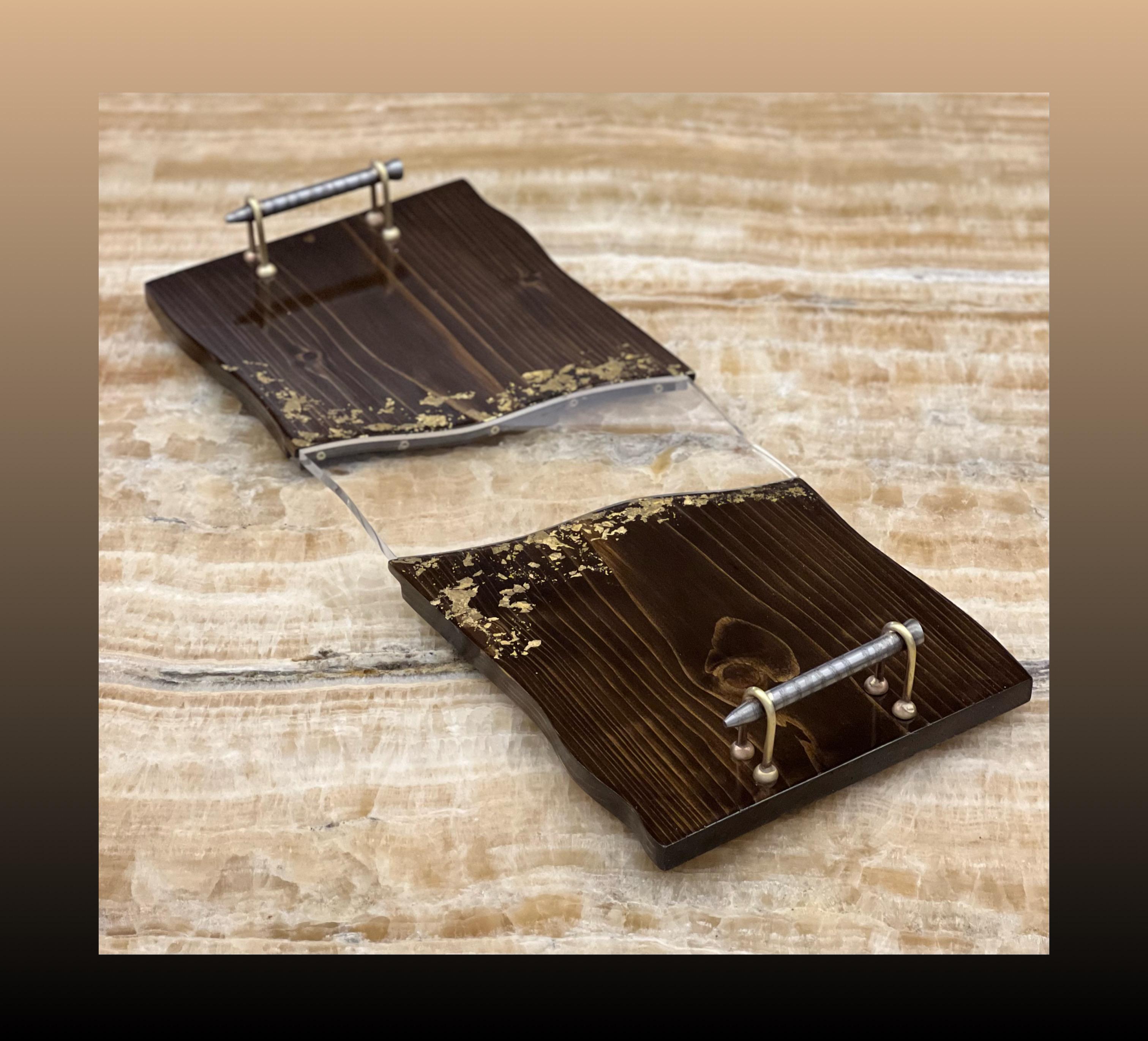 Wooden Tray with Acrylic and Metal Handles -  Amber Gold Collection