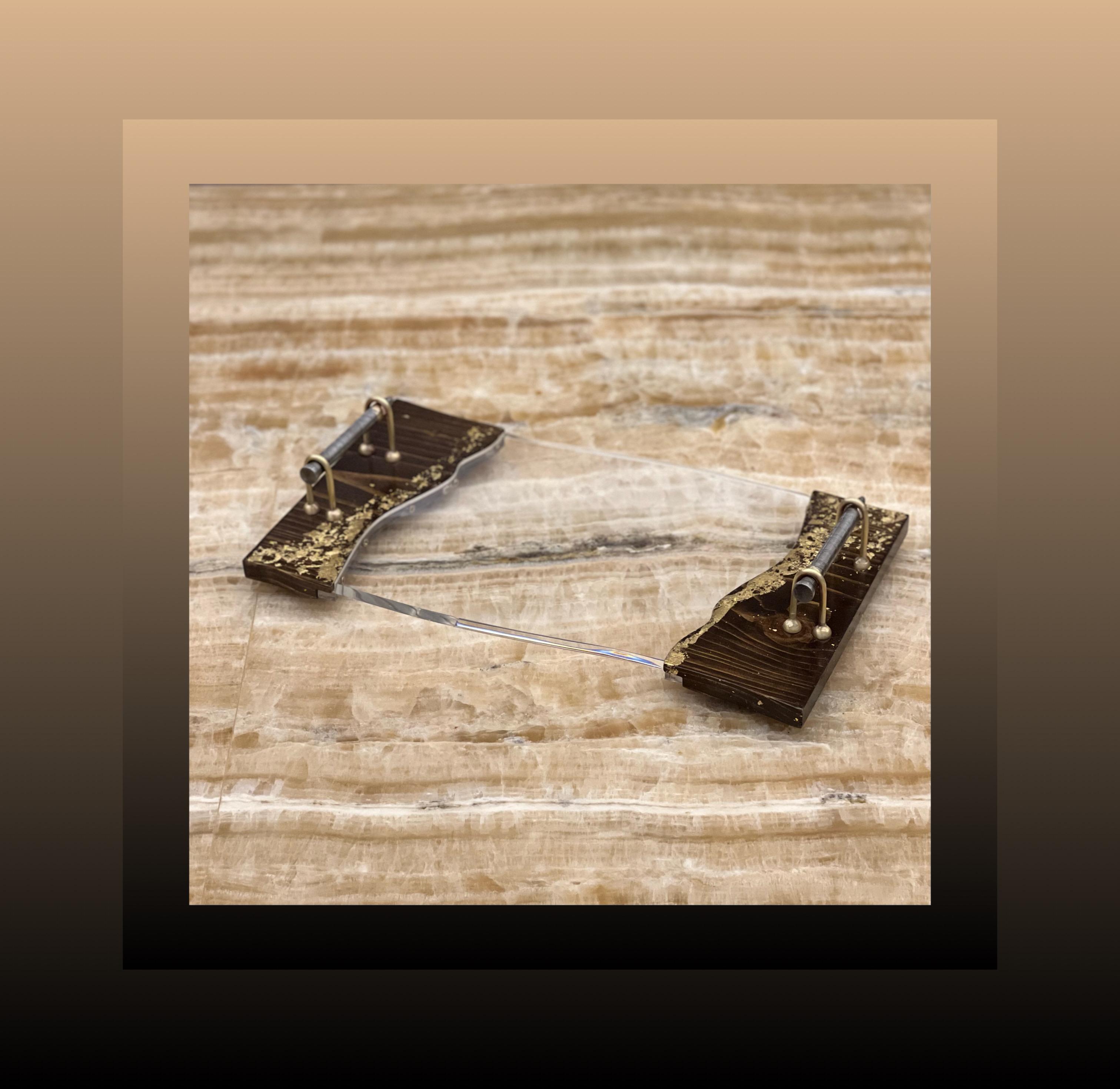 Acrylic Tray with Wooden Borders - Amber Gold Collection