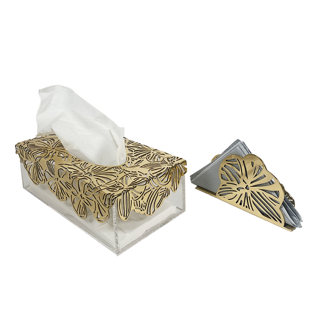 Acrylic Tissue Box with Brass Orchid Pattern - The Orchid Collection