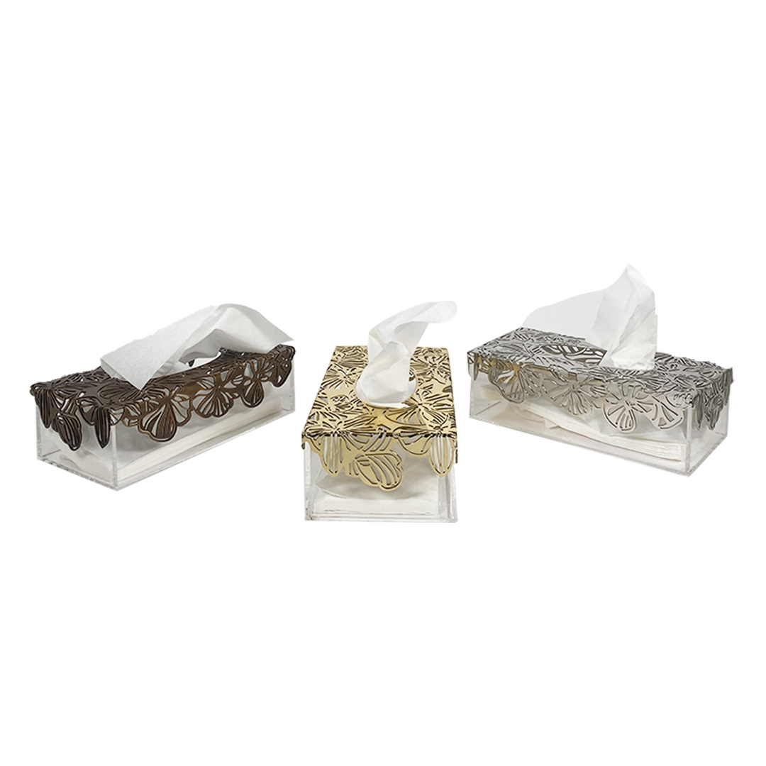 Acrylic Tissue Box with Brass Orchid Pattern - The Orchid Collection