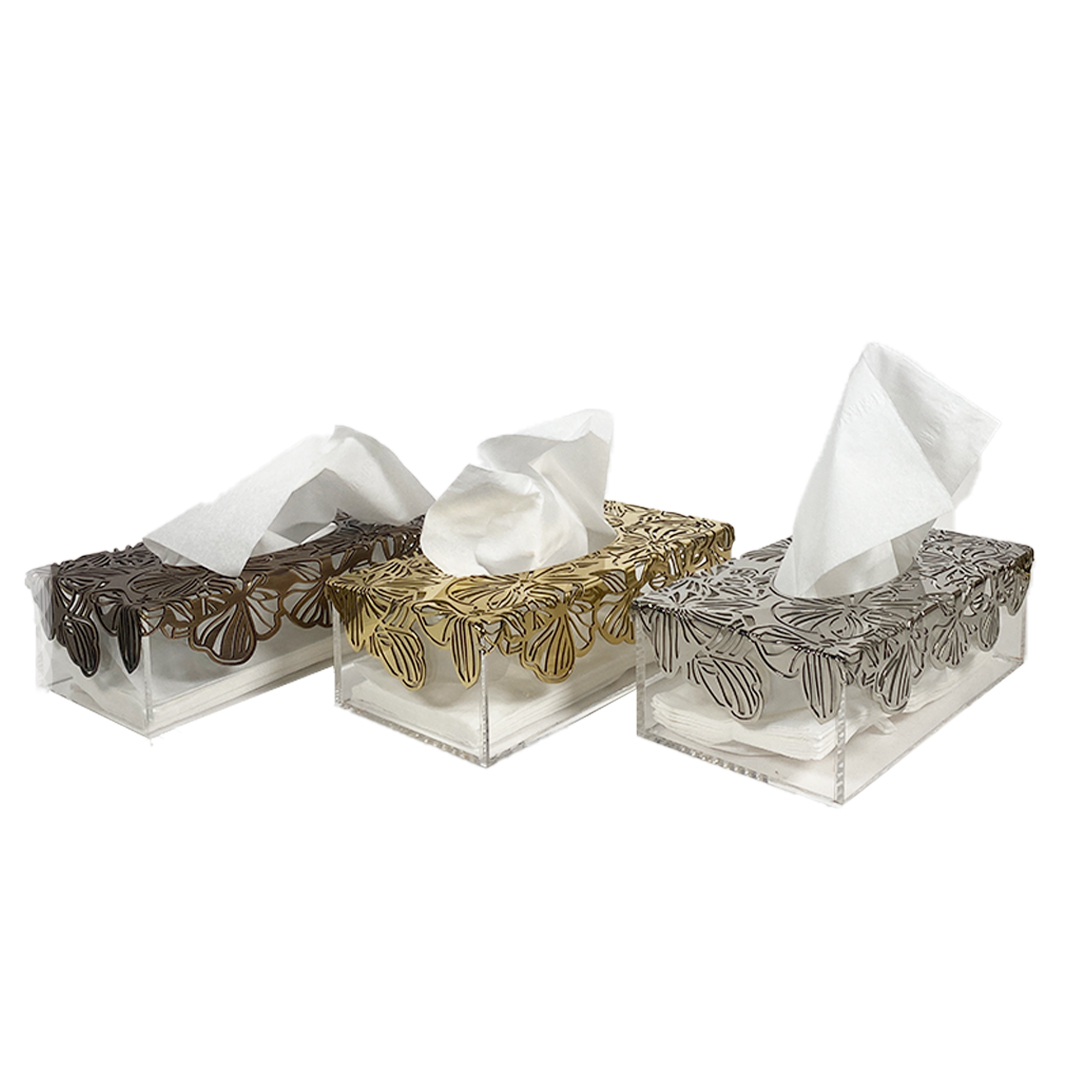 Acrylic Tissue Box with Brass Orchid Pattern - The Orchid Collection