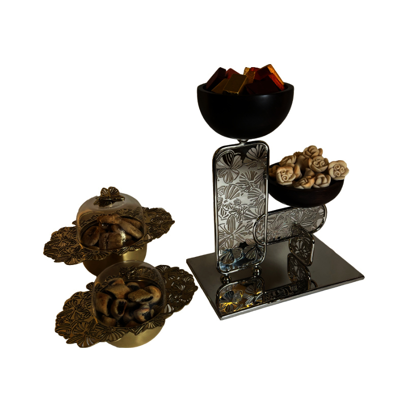 Chocolate Wood Bowls on Brass Stand - The Orchid Collection