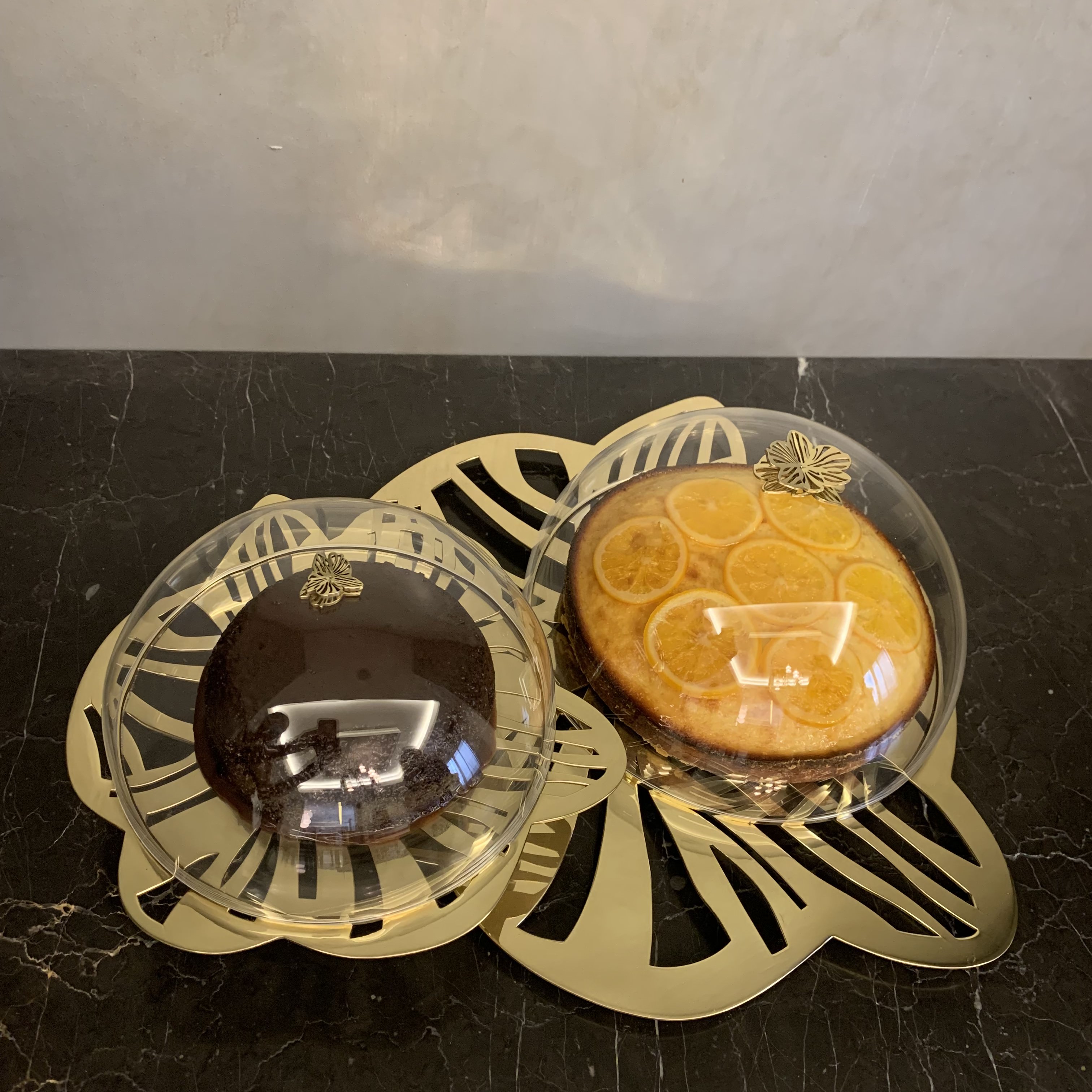 Two Layers Brass Cake Stand with Acrylic Cover - The Orchid Collection