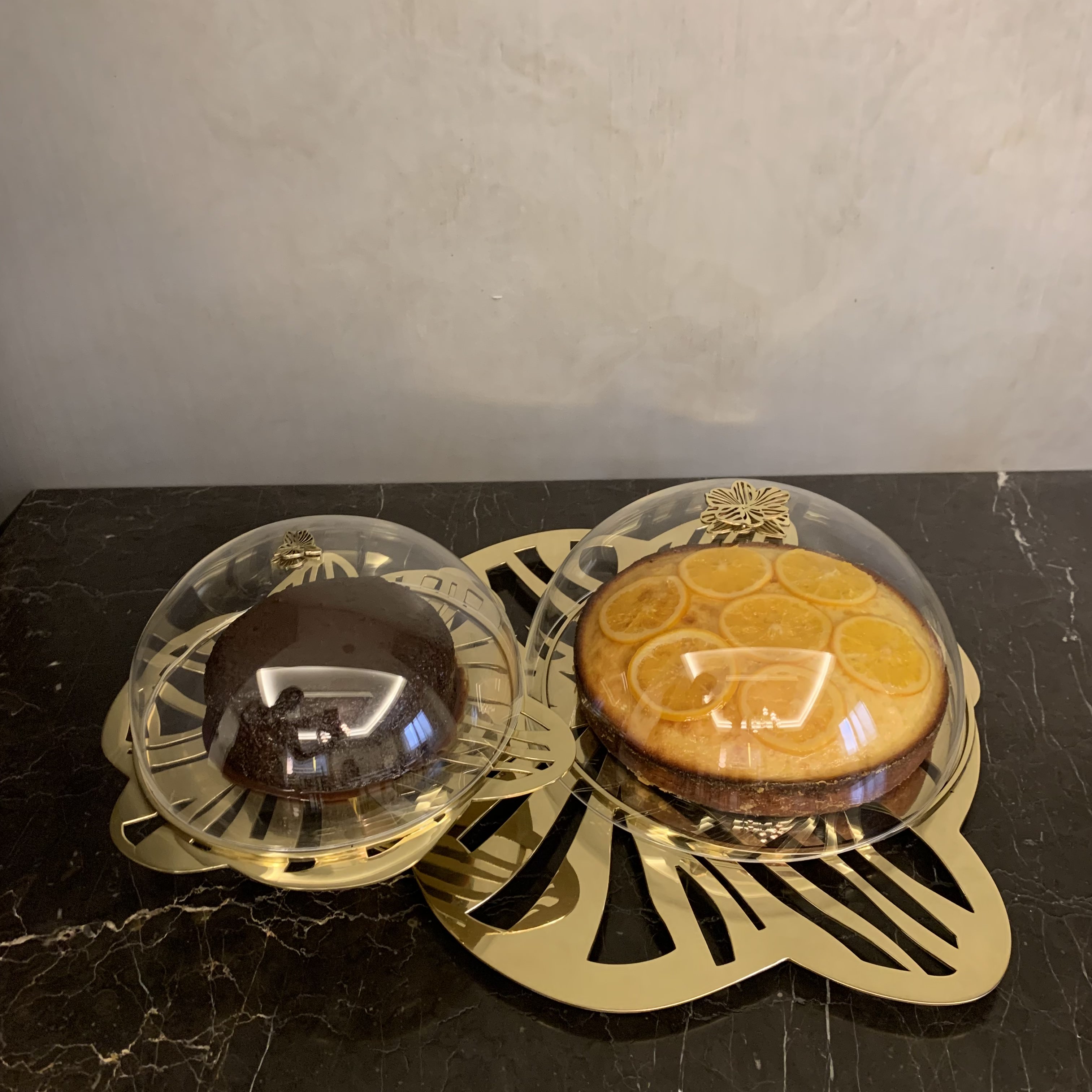 Two Layers Brass Cake Stand with Acrylic Cover - The Orchid Collection