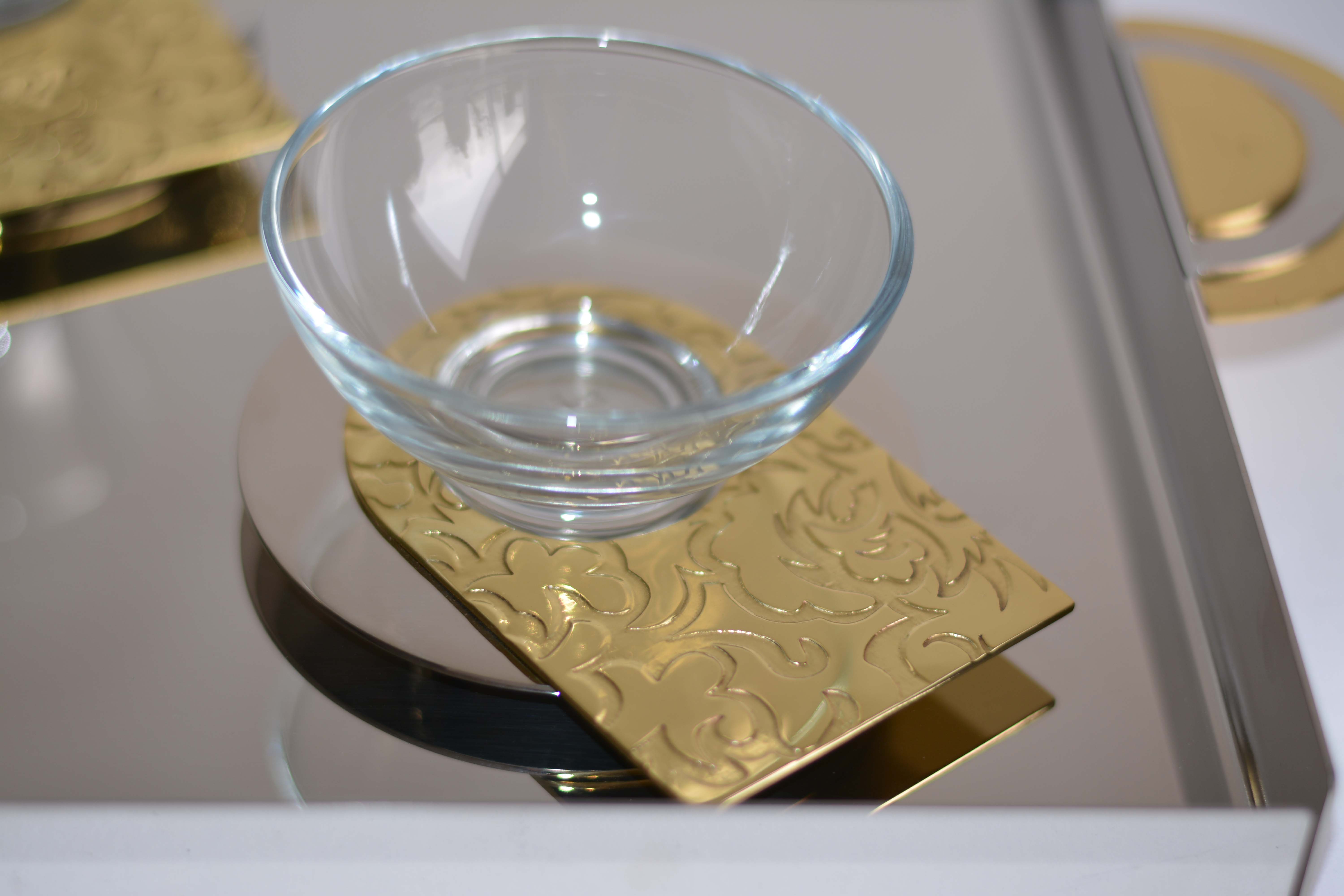 Metal Engraved Plate With Bowl Glass Cup - Arcade Collection