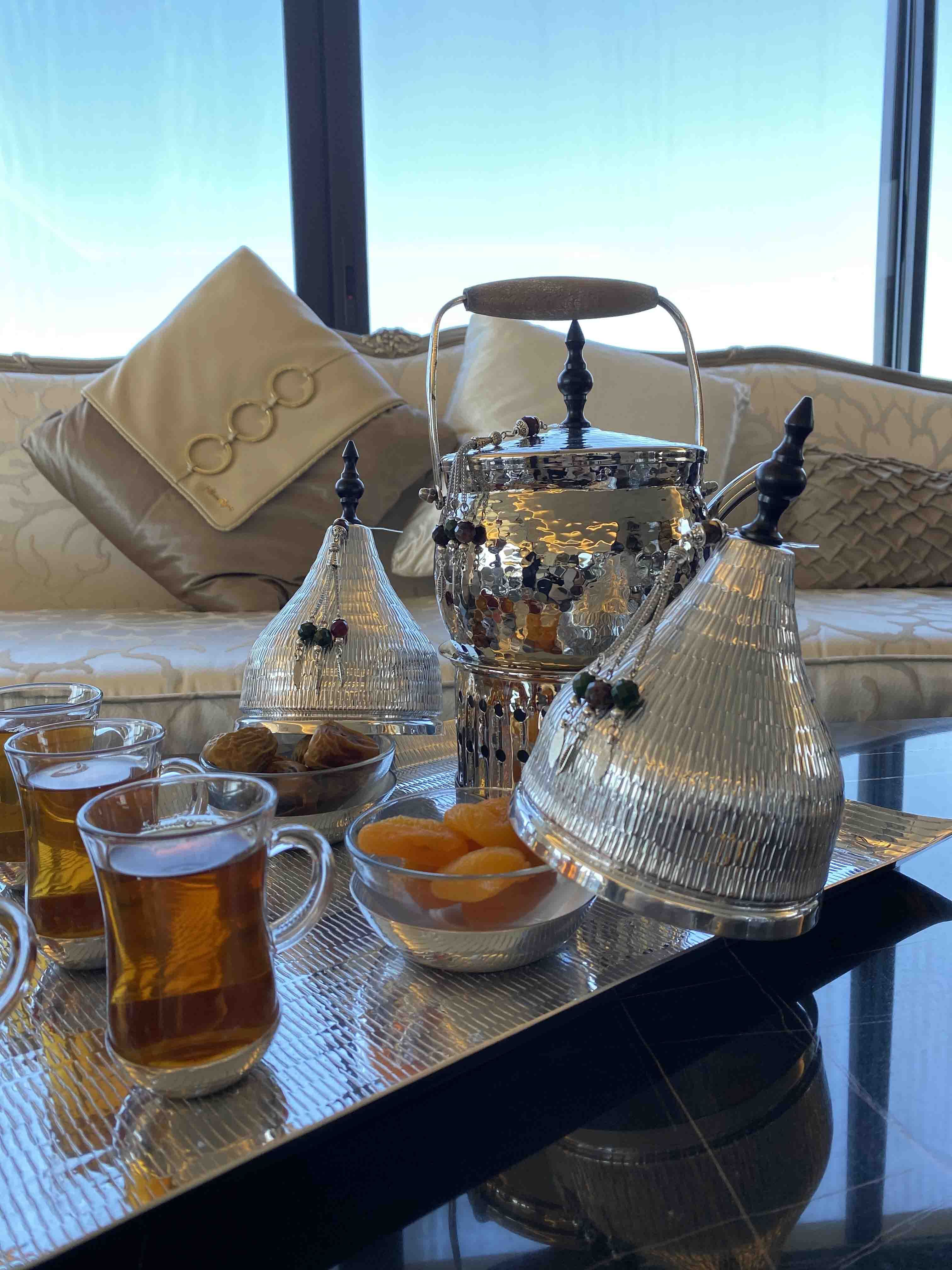 Tea Set (Tray, Tea Cup, Glass Bowl, Tea Pot With Warmer) - Oriental Beads Collection