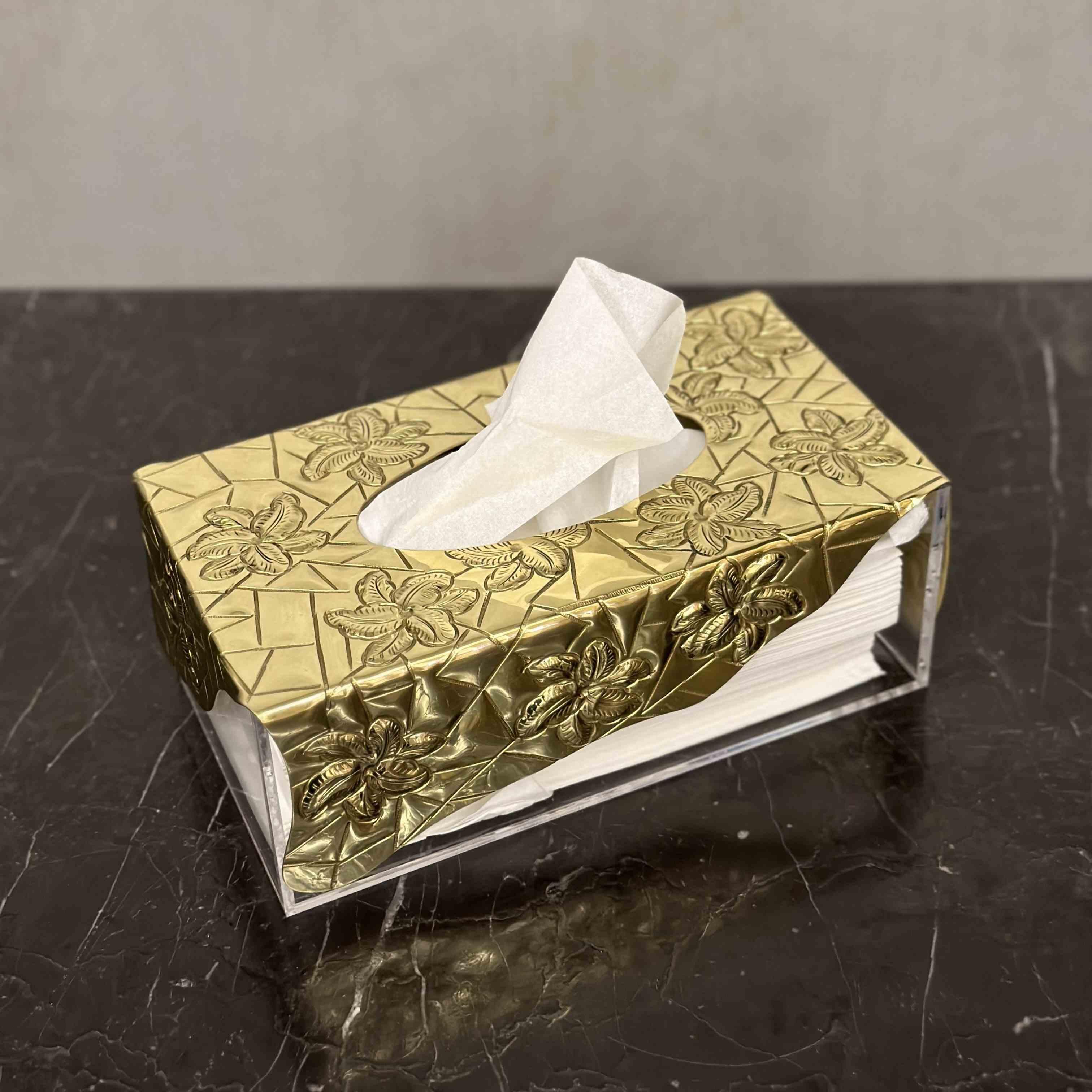 Acrylic Tissue Box with Brass Signature Pattern