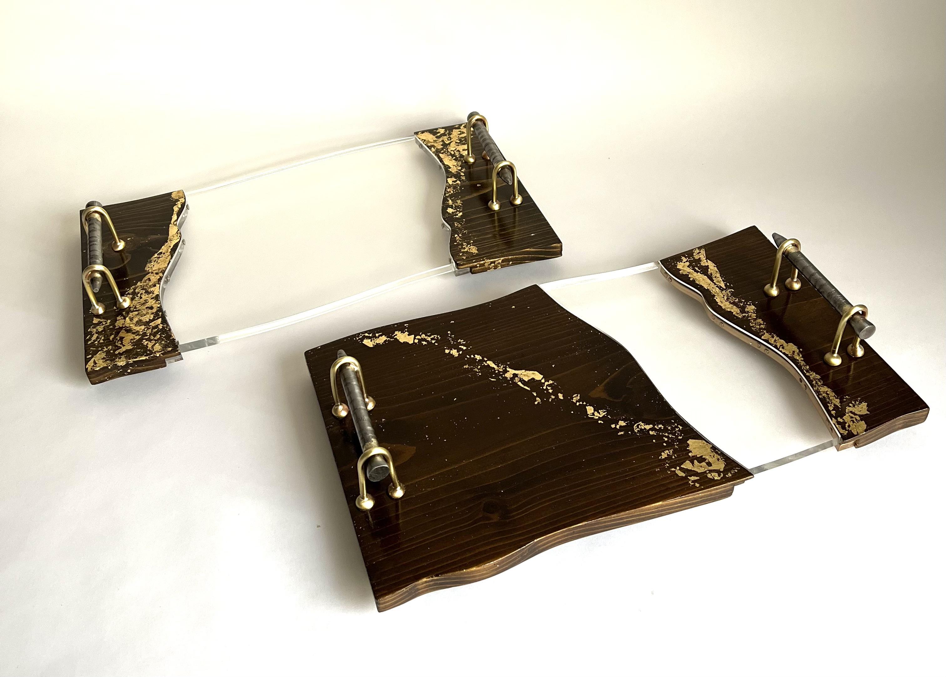 Wooden Tray With Acrylic and Metal Handles